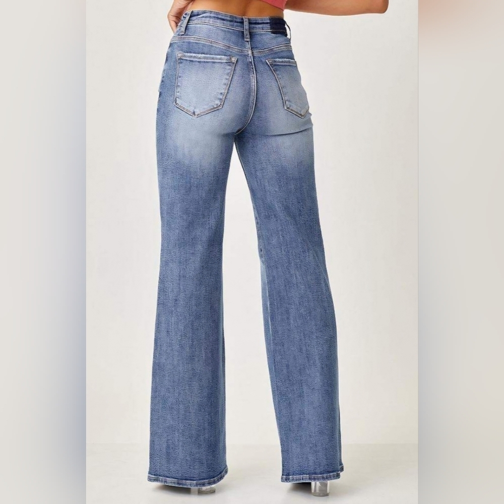 RISEN HR Medium Wash Slim Wide Leg Jeans Fold Over Stretch Classic 9/29 NEW - Picture 7 of 10